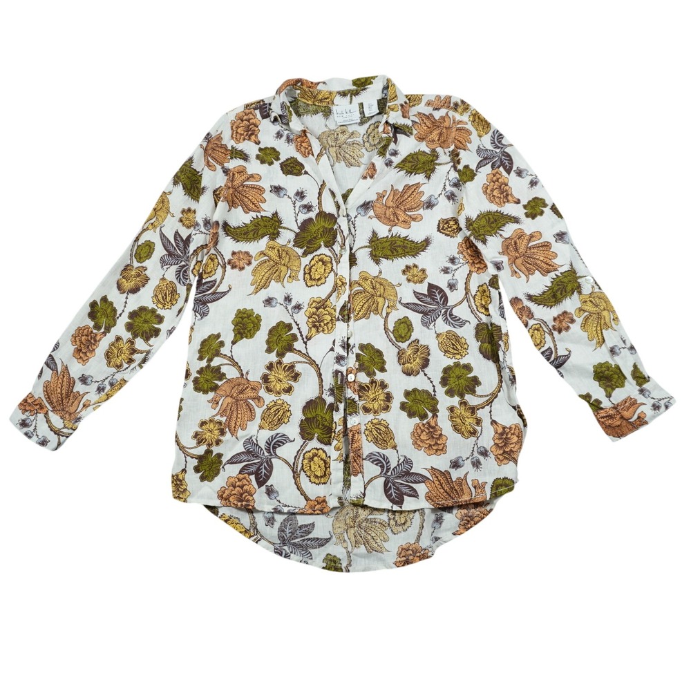 Nicole Miller Womens Small Floral 100% Linen Button Down Shirt Small Earth Tones